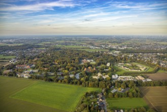 Aerial view, view LVR-Klinik Bedburg-Hau clinic grounds in autumnal forest, right Forensic