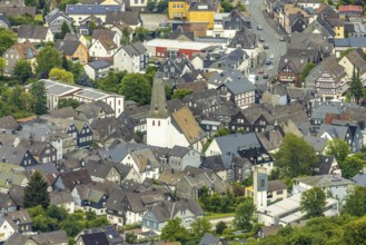 Aerial view, evang. Town church and church square in the town centre with historic half-timbered