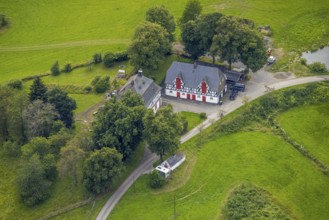 Aerial view, Homrighausen forester's lodge, hunting dogs, half-timbered house, Bad Berleburg,