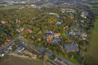 Aerial view, view LVR clinic in autumnal forest, Hau, Bedburg-Hau, autumnal forest, Lower Rhine,