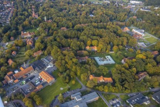 Aerial view, view LVR clinic in autumnal forest, new building, Hau, Bedburg-Hau, autumnal forest,