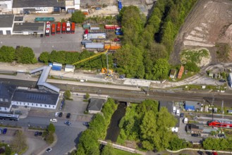 Aerial view, Bestwig railway station, Deutsche Bahn AG, construction site with construction crane,