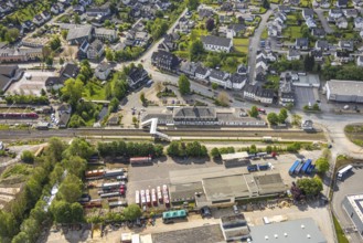 Aerial view, Bestwig railway station, Deutsche Bahn AG, construction site with construction crane,