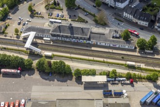 Aerial view, Bestwig railway station, Deutsche Bahn AG, construction site with construction crane,