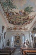 Interior of the Roman Catholic parish church of the Assumption of the Virgin Mary with ceiling
