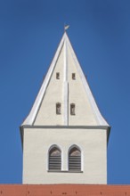 Pointed gable tower of the Roman Catholic parish church of the Assumption of the Virgin Mary in