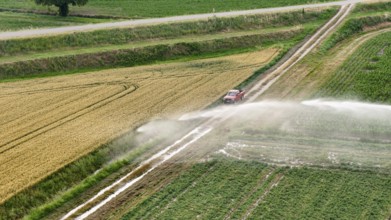 Agricultural irrigation using a rain gun sprinkler system for soybean cultivation in the Po Valley
