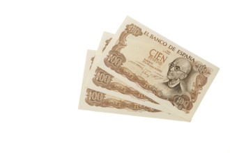 One hundred pesetas banknotes issued by bank of spain in 1970 isolated on white background