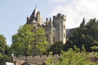 A medieval stone castle with towers surrounded by lush greenery under a clear sky. Village of