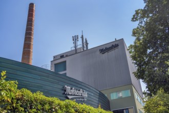 Façade with chimney and antennas, Mohrenbräu, Dornbirn, Vorarlberg, Austria