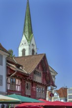 Red House and the Roman Catholic parish church of St Martin, Dornbirn, Vorarlberg, Austria