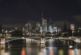 Frankfurt skyline at night over the Main, illuminated under the stars, city centre, Frankfurt am
