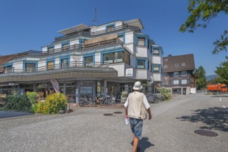Blue-grey interlocking façades with awnings, Dornbirn, Vorarlberg, Austria