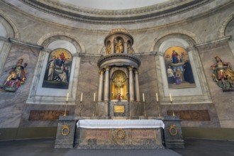 The Roman Catholic parish church of St Martin, interior with altar and wall frescoes, Dornbirn,