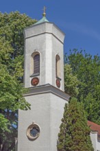Tower of the cemetery chapel with clock, tower enlargement from 1839, Catholic cemetery, Kempten,