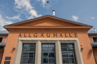 Façade with pointed gable, Allgäuhalle, Kempten, Allgäu, Bavaria, Germany