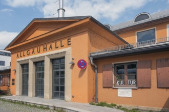 Façade with pointed gable, Allgäuhalle, Kempten, Allgäu, Bavaria, Germany