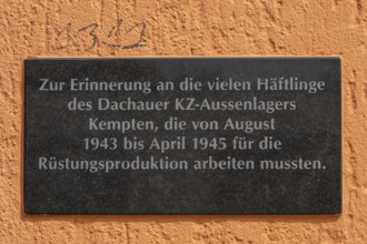 Memorial plaque on the facade of the Allgäuhalle, in memory of Jewish forced labourers, Kempten,