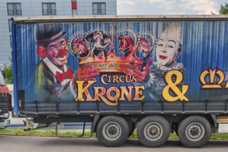 Lettering and logo on lorry trailer, Circus-Krone, Kempten, Allgäu, Bavaria, Germany
