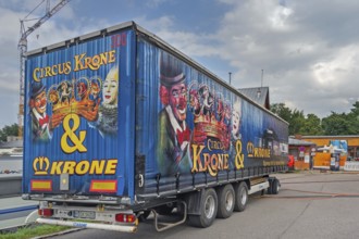 Lettering and logo on lorry trailer, Circus-Krone, Kempten, Allgäu, Bavaria, Germany
