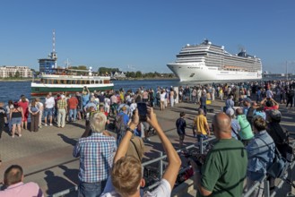 Cruise ship MSC Poesia departs, excursion ship, escort ship, people, Hanse-Sail, Unterwarnow,