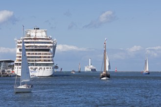 Cruise ship Aida mar in the harbour, sailing boats, Hanse Sail, Unterwarnow, Warnemünde, Rostock,