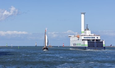 Scandlines Hybrid Ferry, sailing boats, pier lights, Hanse Sail, Unterwarnow, Hanse Sail,