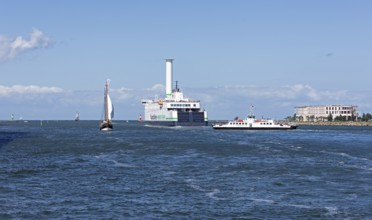 Scandlines Hybrid Ferry, sailing boats, pier lights, Warnow ferry, Hanse Sail, Unterwarnow, Hanse