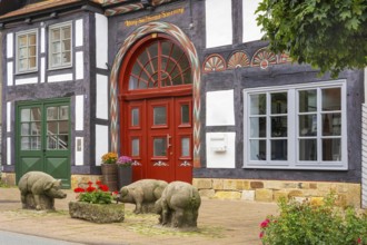Reminder of former pig market in front of historic half-timbered house Brennerstrasse Rinteln