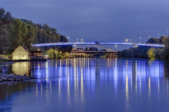 Ship mill and Weser bridges illuminated Rinteln Germany