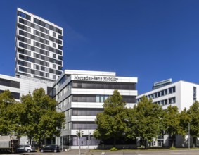Mercedes-Benz Mobility. Exterior view with logo. Stuttgart, Baden-Württemberg, Germany