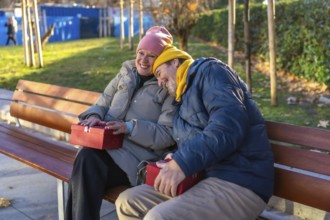 Smiling senior couple exchanging christmas gifts while sitting on a bench in a winter city park