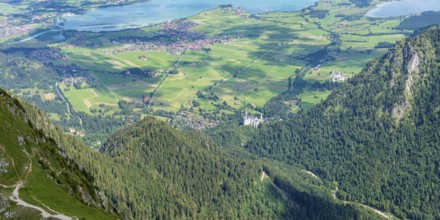 Panorama from the Säuling, 2047m, to Neuschwanstein Castle, Füssen, Schwangau, Sankt Coloman and