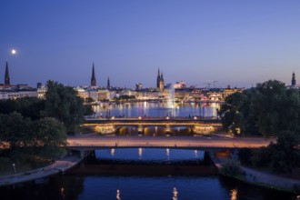 Aerial view of the Outer Alster and Inner Alster with Kennedy Bridge, Alster Fountain,