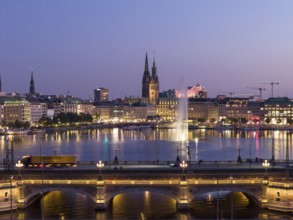 Aerial view of the Outer Alster and Inner Alster with Kennedy Bridge, Alster Fountain,