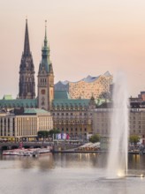 Aerial view of the Inner Alster with Alster fountain, Jungfernstieg, City Hall and Elbphilharmonie
