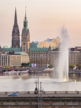 Aerial view of the Inner Alster with Kennedy Bridge, Alster Fountain, Jungfernstieg, City Hall and