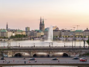 Aerial view of the Outer Alster and Inner Alster with Kennedy Bridge, Alster Fountain,