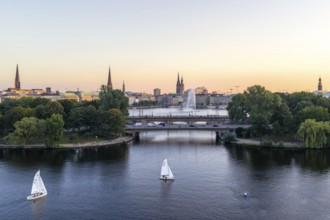 Aerial view of the Outer Alster and Inner Alster with sailing ships, Kennedy Bridge, Alster