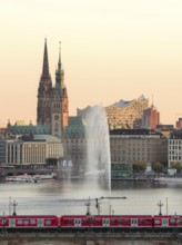 Aerial view of the Inner Alster with Kennedy Bridge, Alster Fountain, Jungfernstieg, City Hall and