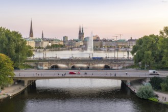 Aerial view of the Outer Alster and Inner Alster with Kennedy Bridge, Alster Fountain,