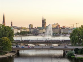 Aerial view of the Outer Alster and Inner Alster with Kennedy Bridge, Alster Fountain,