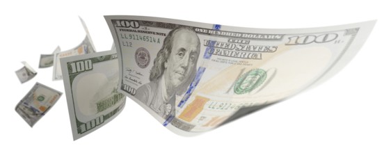 Randomly falling U.S. 100 dollar bills isolated on a white background