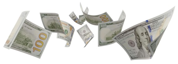 Randomly falling U.S. 100 dollar bills isolated on a white background