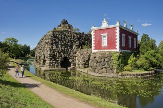 Stein Island with the artificial volcano Vesuvius and Villa Hamilton, Wörlitz Park, Wörlitz