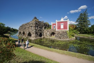 Stein Island with the artificial volcano Vesuvius and Villa Hamilton, Wörlitz Park, Wörlitz