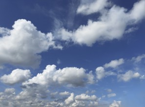 White clouds Cumulus Cluster clouds top right Altocumulus in front of blue sky, international