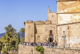 Lot of tourists waiting on the terrace outside the Palma cathedral, Palma de Mallorca, Mallorca,