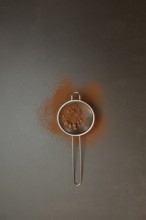 Kitchen sieve with cocoa powder, cocoa