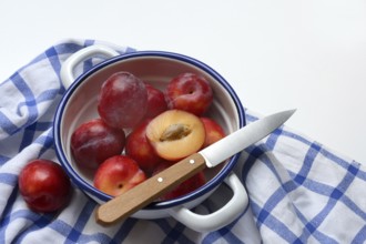 Red plums in skin on cloth, Prunus domestica